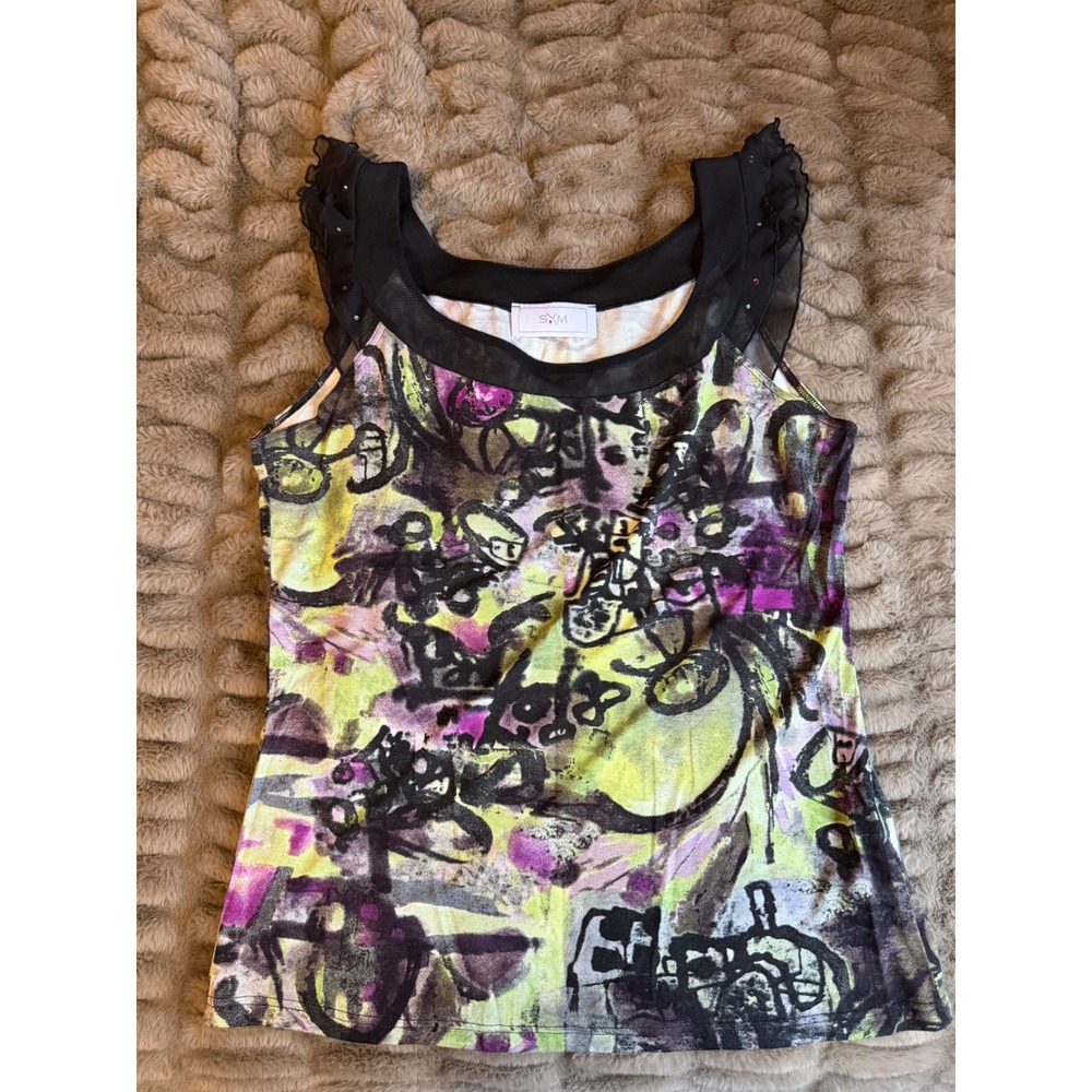 Y2K Abstract Graffiti Print Tank Top Size M Ruffle Rhinestone‎ Lime Purple